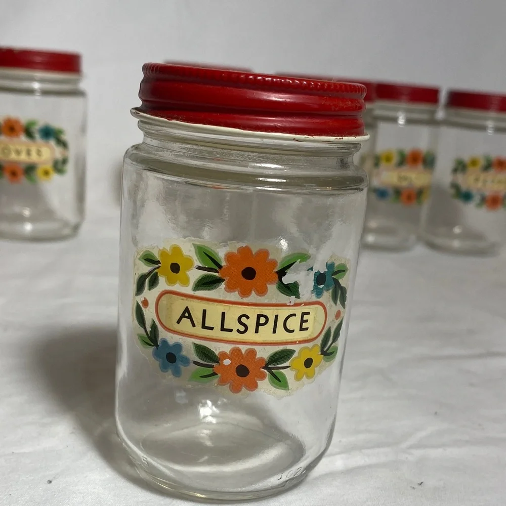 Vintage Set of 6 Glass Spice Jars with Red Metal Lids